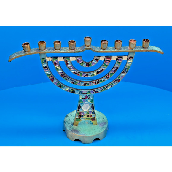 Hanukkah Menorah 9 Branch Brass Enamel Candle Holder 7" Tall Made in Israel - Picture 2 of 14